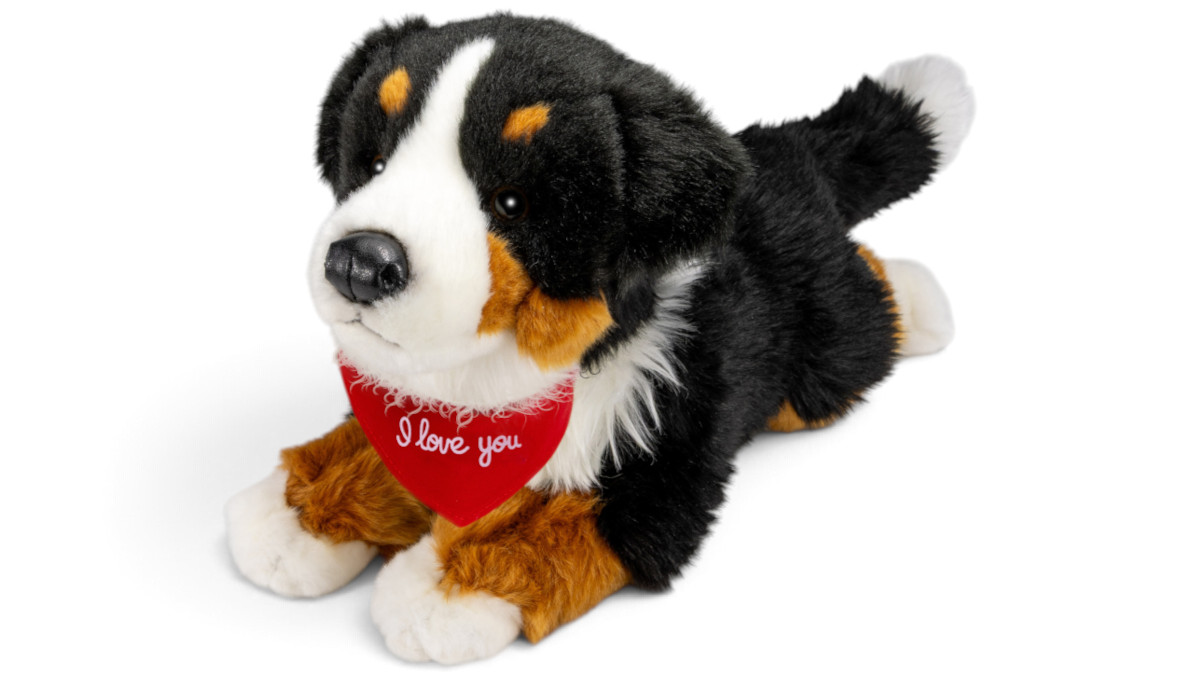 Soft Toy Bernese Mountain Dog – red “I Love You” scarf