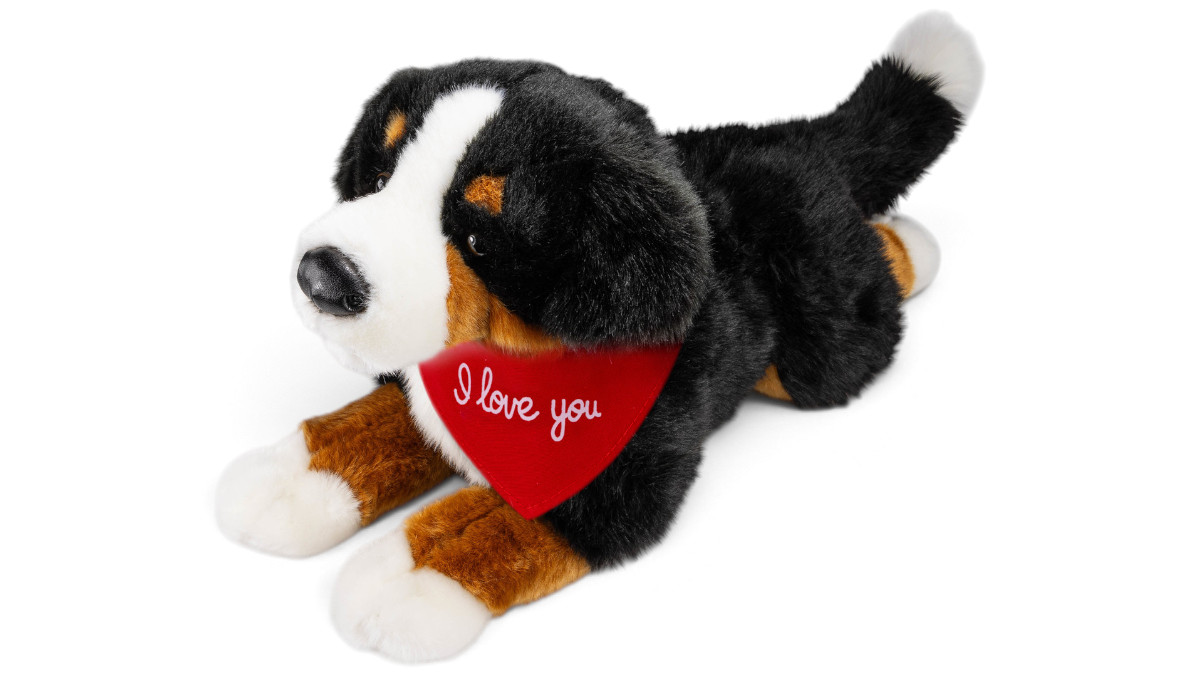Kuscheltier Berner Sennenhund – rotes „I Love You“-Halstuch