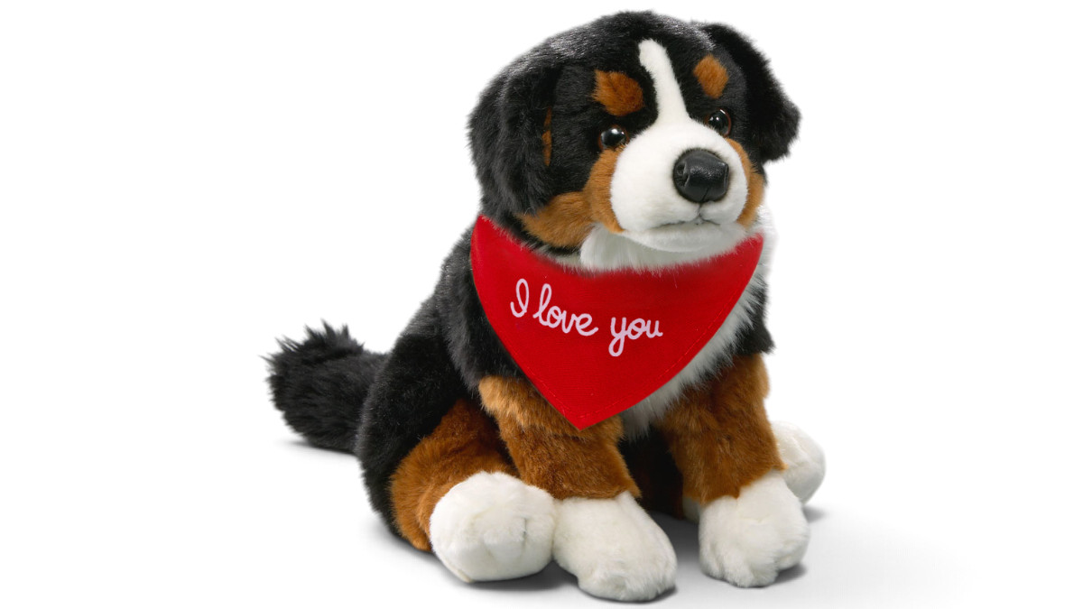 Kuscheltier Berner Sennenhund – rotes „I Love You“-Halstuch