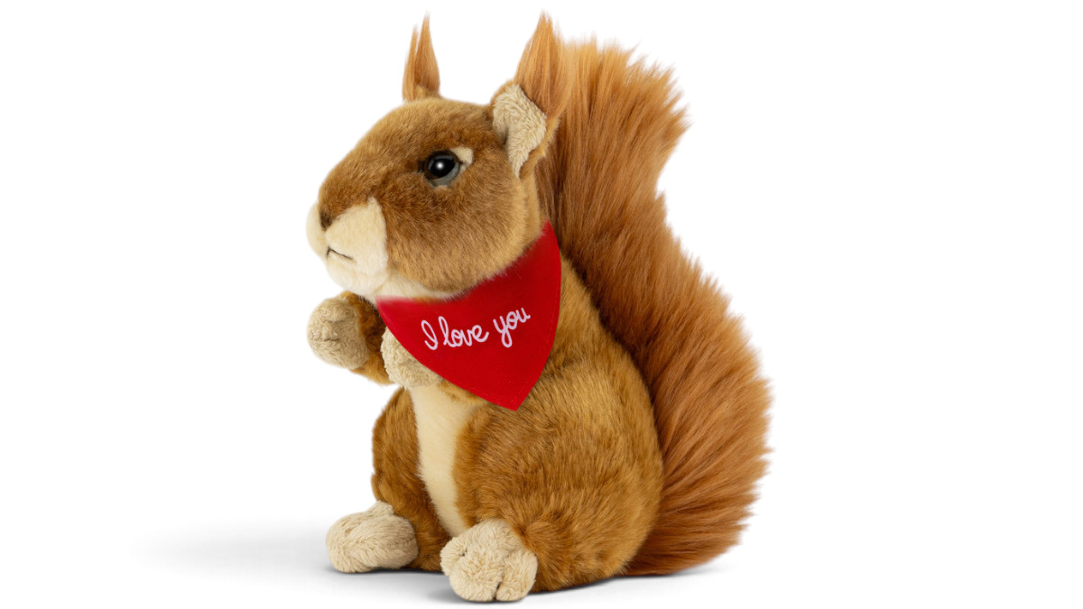Kuscheltier Eichhörnchen – rotes „I Love You“-Halstuch