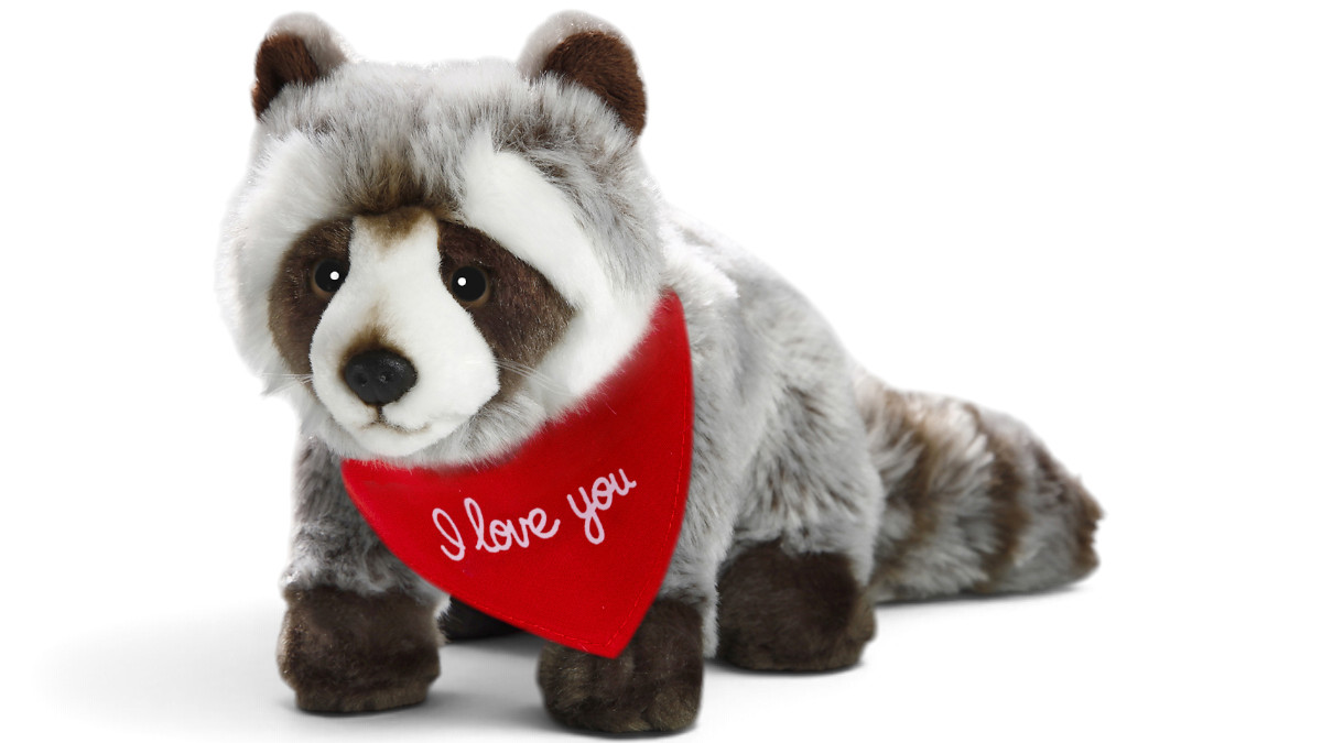 Soft Toy Raccoon – red “I Love You” scarf