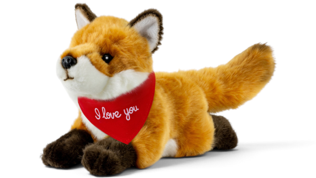 Soft Toy Fox lying – red “I Love You” scarf