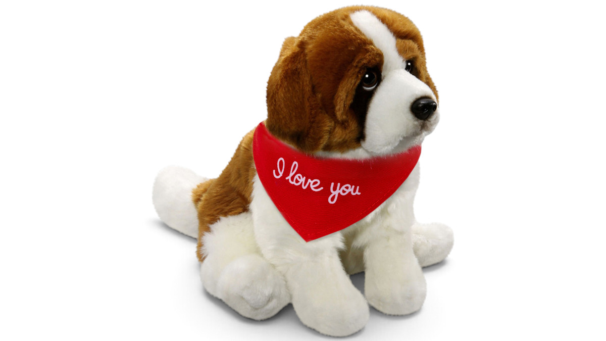 Kuscheltier Bernhardiner sitzend – rotes „I Love You“-Halstuch