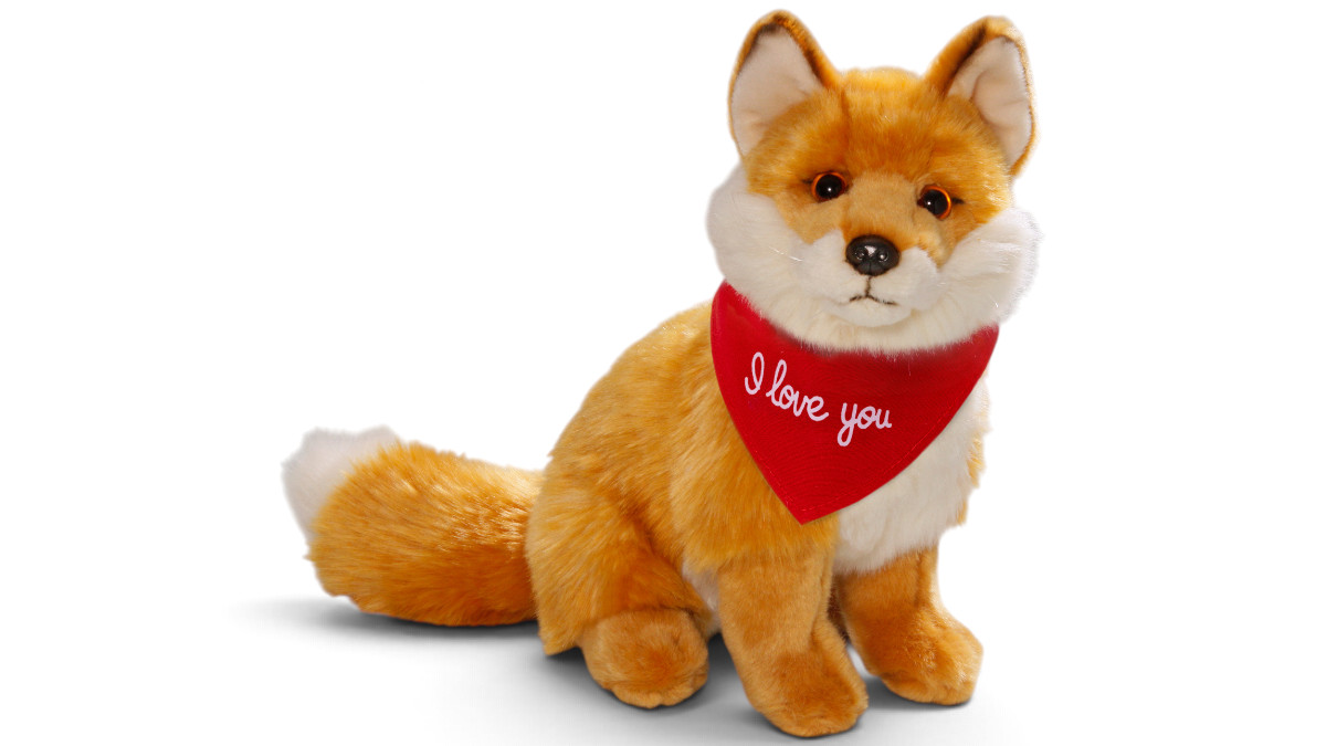 Kuscheltier Fuchs sitzend – rotes „I Love You“-Halstuch