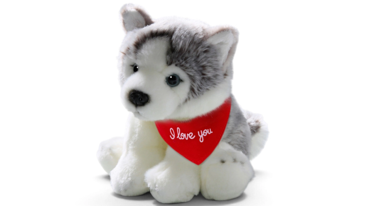 Kuscheltier Husky Welpe sitzend – rotes „I Love You“-Halstuch