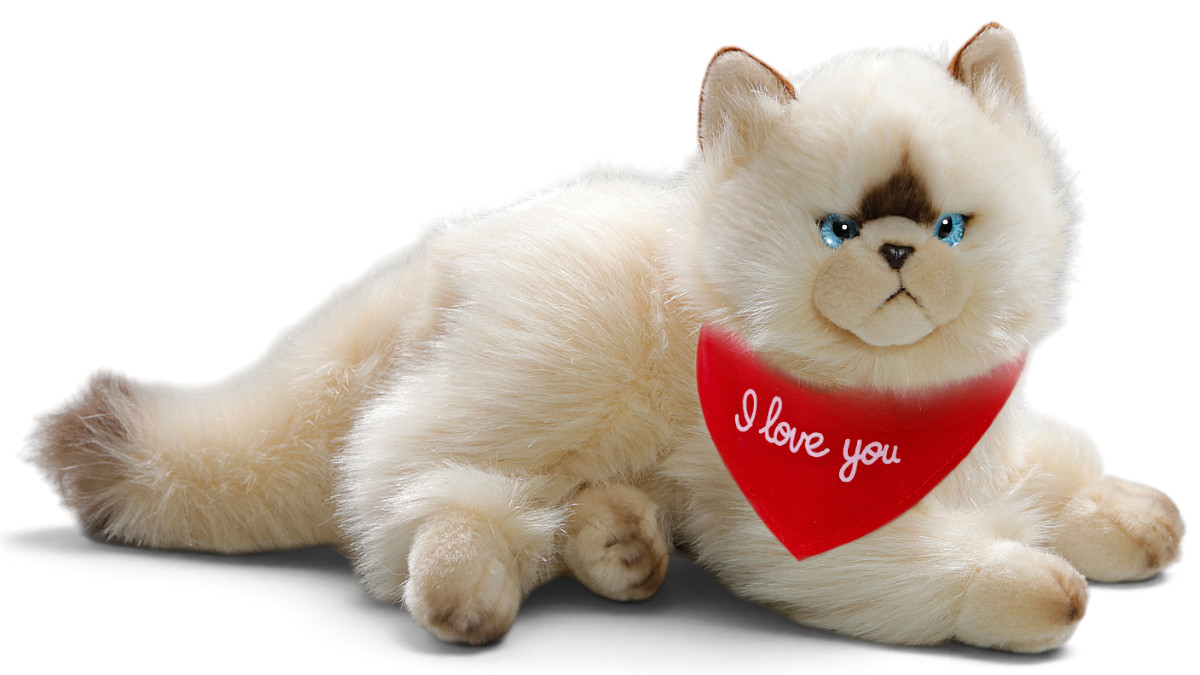 Kuscheltier Perserkatze Chocolate Point liegend – rotes „I Love You“-Halstuch