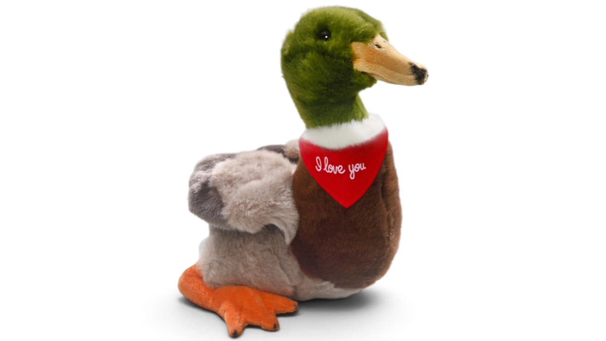 Soft Toy Mallard Duck – red “I Love You” scarf