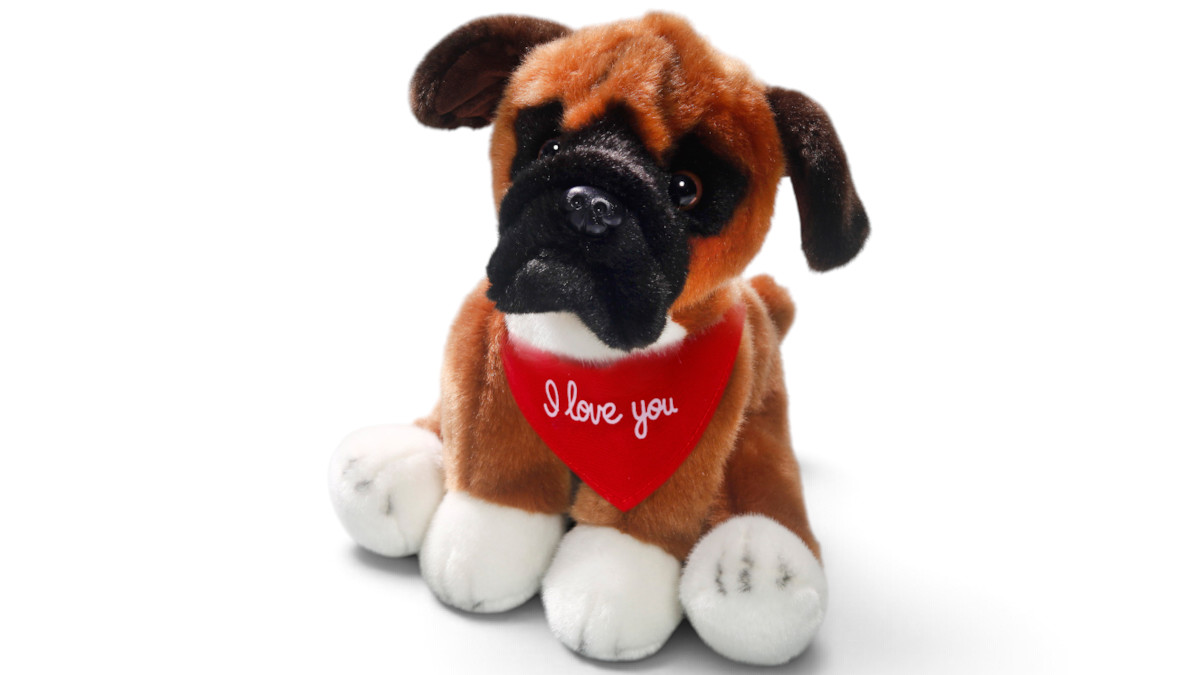 Soft Toy Boxer Dog – red “I Love You” scarf