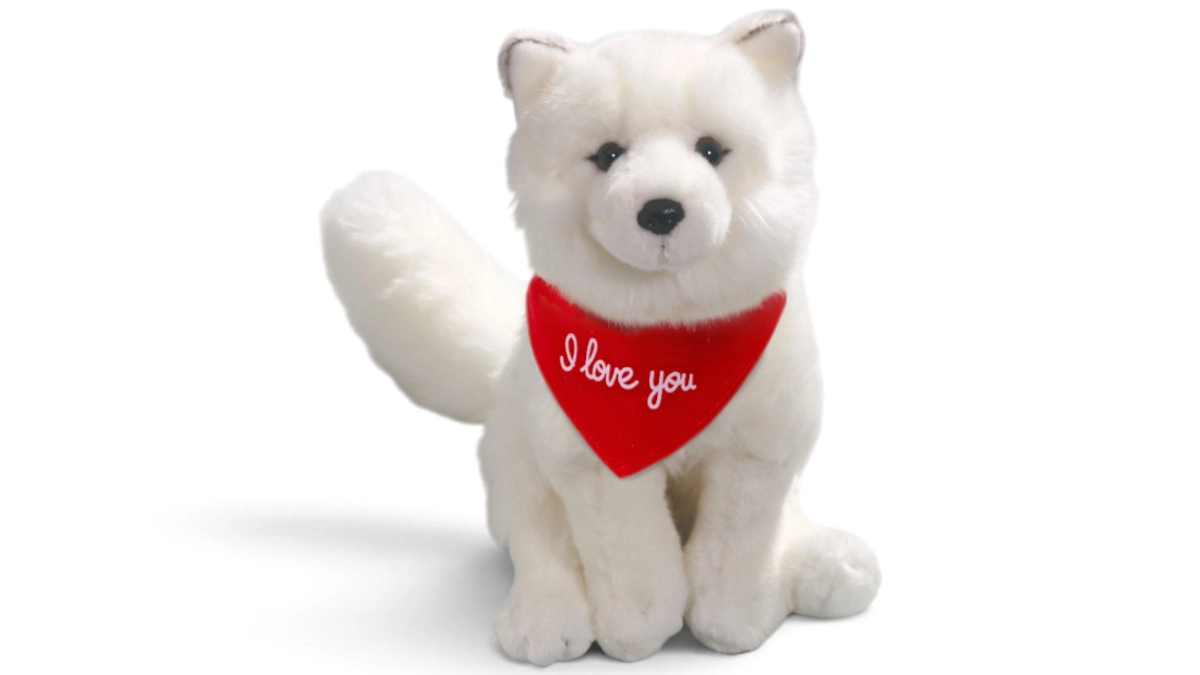 Soft Toy Fox, Arctic Fox – red “I Love You” scarf