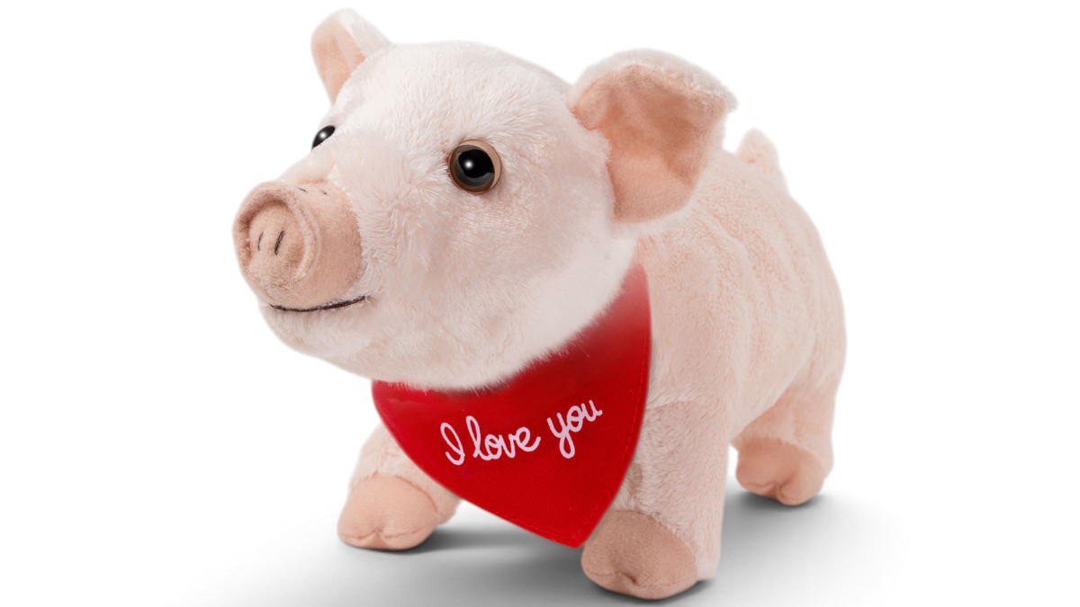 Kuscheltier Schwein stehend – rotes „I Love You“-Halstuch