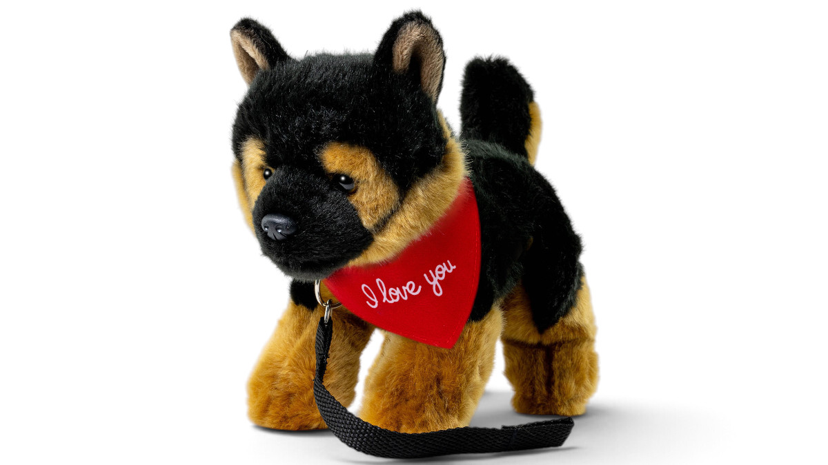 Kuscheltier Schäferhund Welpe mit Leine – rotes „I Love You“-Halstuch