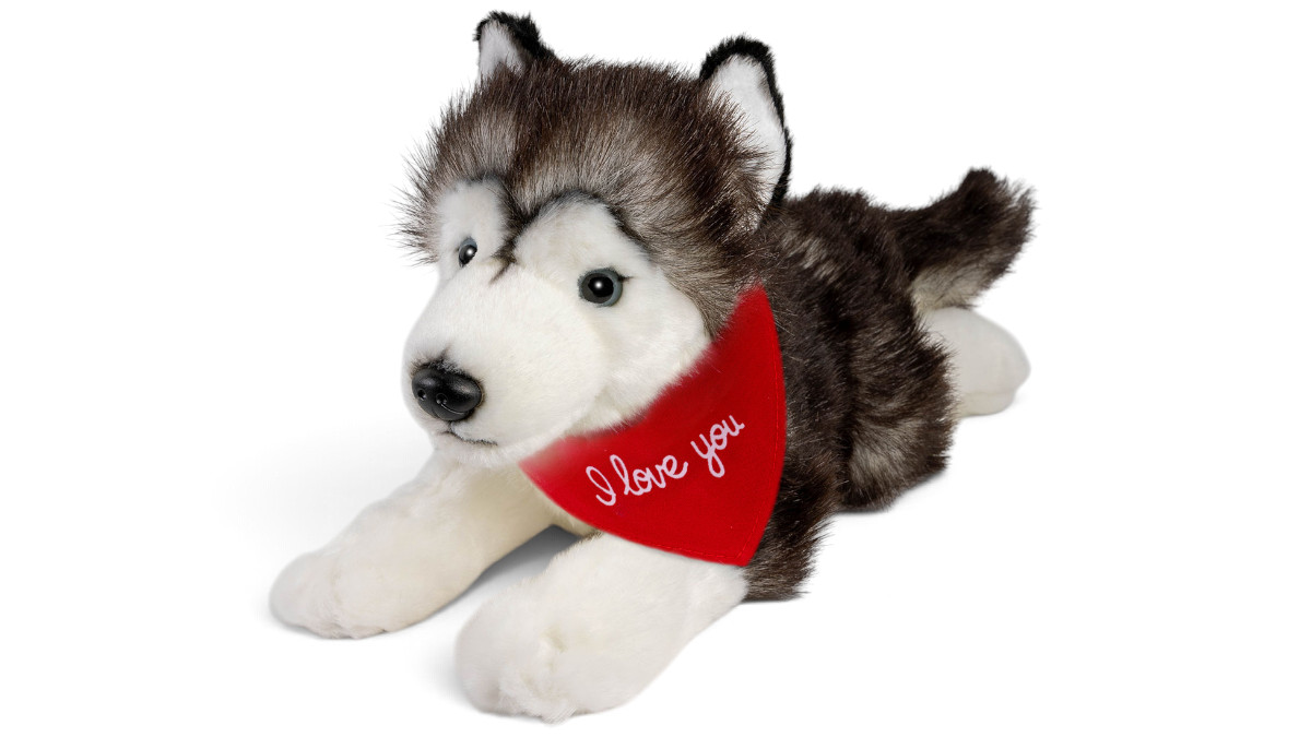 Soft Toy Black-and-White Husky lying – red “I Love You” scarf