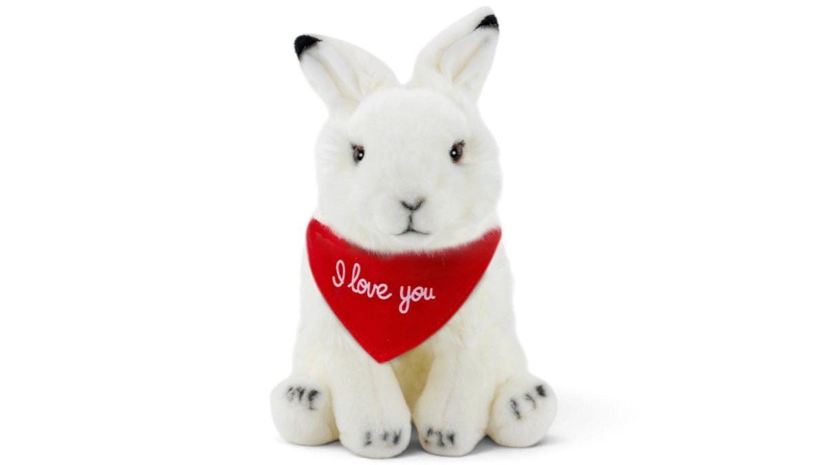 Soft Toy Rabbit Bunny, Snow-Rabbit sitting white – red “I Love You” scarf