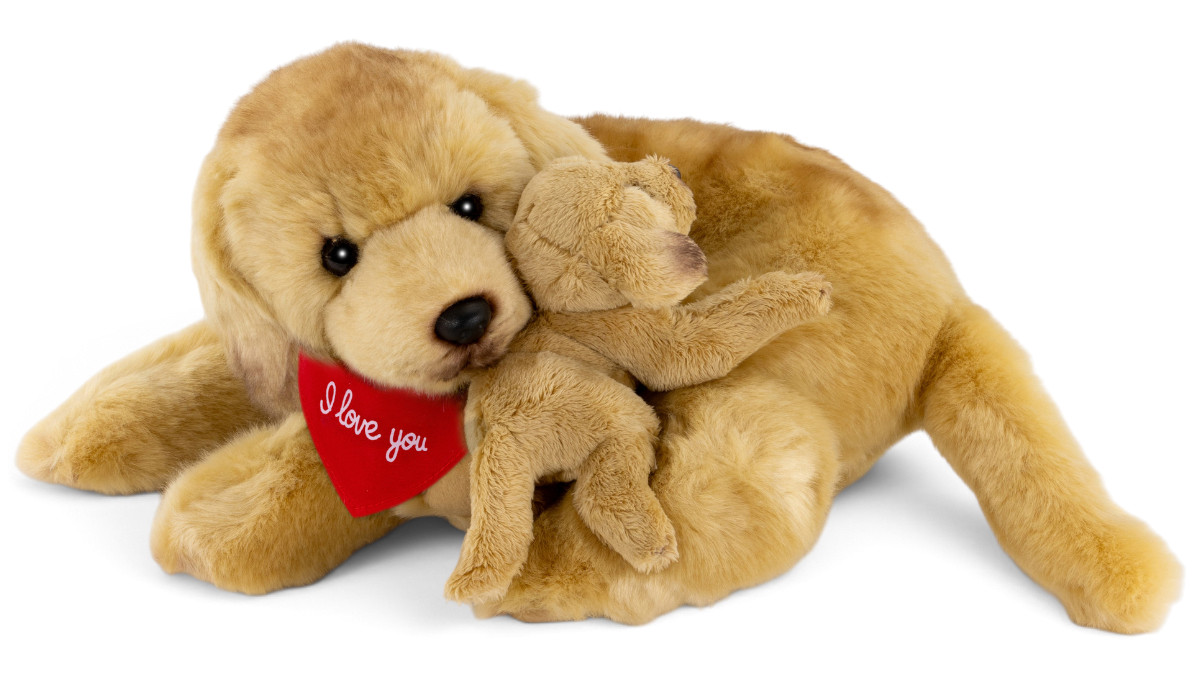 Kuscheltier Labrador mit Baby – rotes „I Love You“-Halstuch