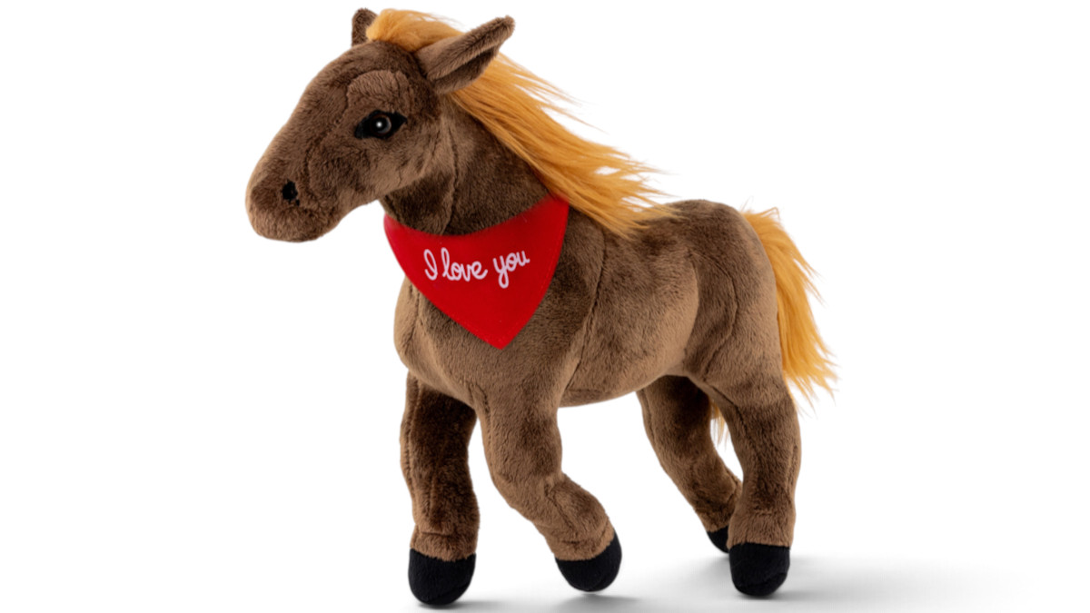 Soft Toy Horse standing brown – red “I Love You” scarf