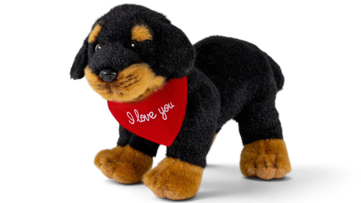 Soft Toy Rottweiler standing – red “I Love You” scarf