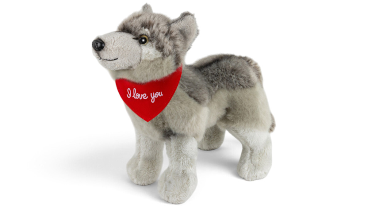 Soft Toy Wolf – red “I Love You” scarf
