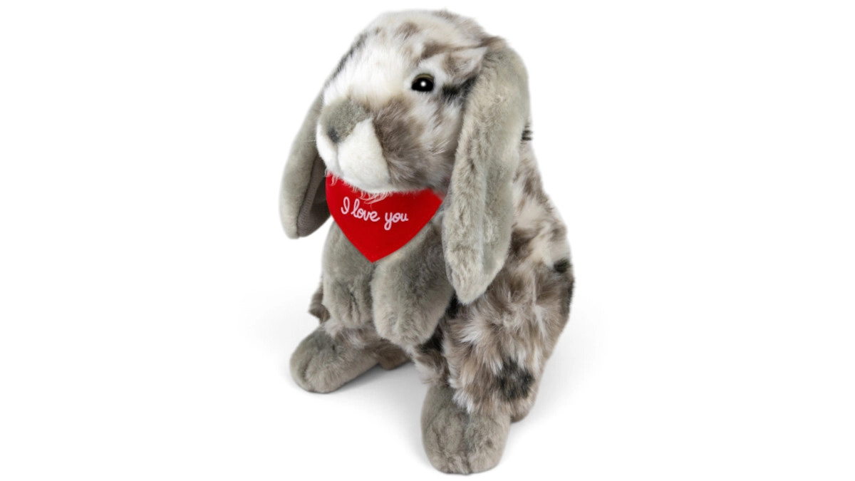 Kuscheltier Hase grau – rotes „I Love You“-Halstuch