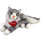 Preview: Kuscheltier Katze Maine Coon grau-weiß liegend – rotes „I Love You“-Halstuch