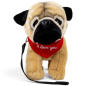 Preview: Soft Toy Pug standing with lead – red “I Love You” scarf