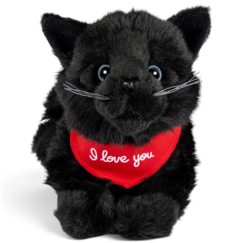Kuscheltier Katze liegend schwarz – rotes „I Love You“-Halstuch