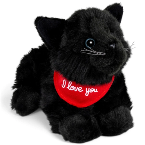 Plush Toy Cat lying black – red “I Love You” scarf