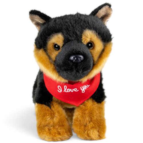 Kuscheltier Schäferhund Welpe – rotes „I Love You“-Halstuch