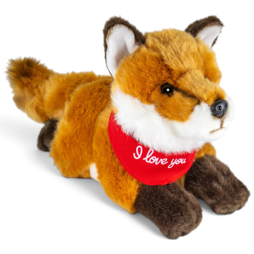 Preview: Plush Toy Fox lying – red “I Love You” scarf