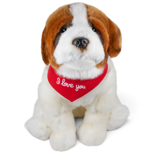 Soft Toy St. Bernard Dog sitting – red “I Love You” scarf