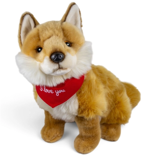 Kuscheltier Fuchs sitzend – rotes „I Love You“-Halstuch