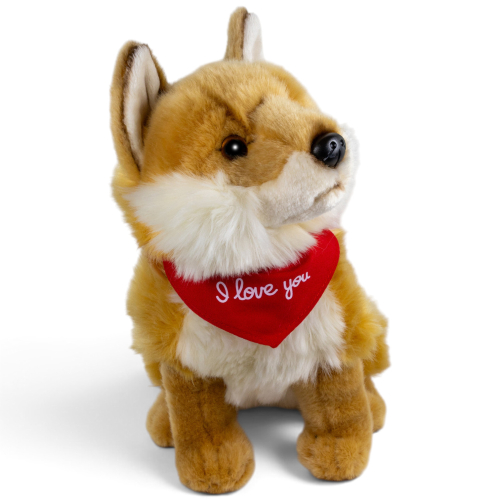 Preview: Plüschtier Fuchs sitzend – rotes „I Love You“-Halstuch