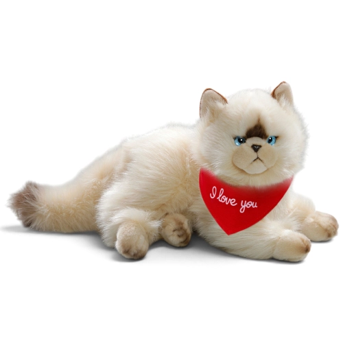 Kuscheltier Perserkatze Chocolate Point liegend – rotes „I Love You“-Halstuch