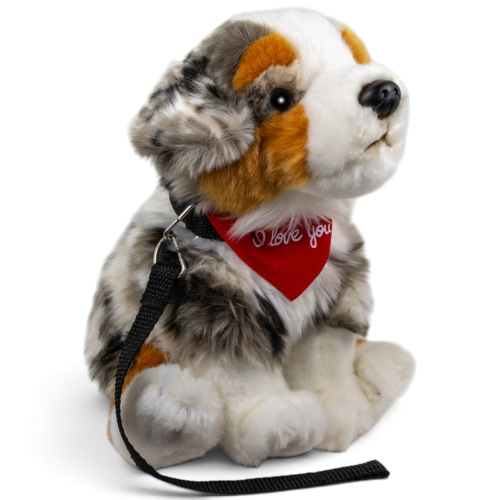 Preview: Plüschtier Australischer Schäferhund mit Leine – rotes „I Love You“-Halstuch