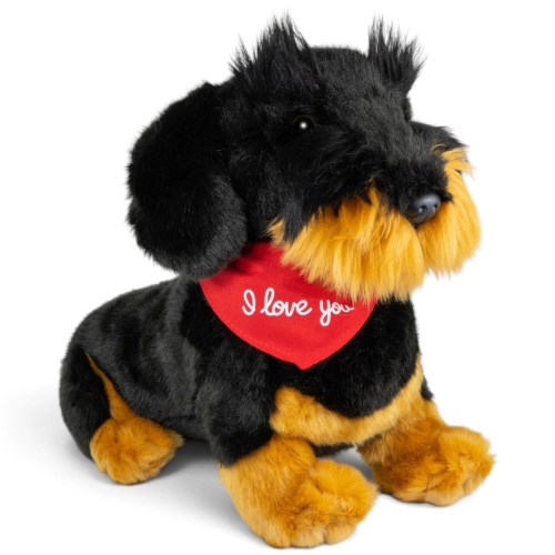 Plush Toy Dachshund Dog sitting black – red “I Love You” scarf