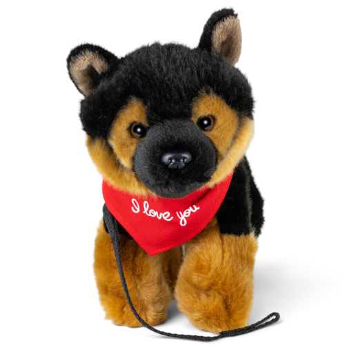 Kuscheltier Schäferhund Welpe mit Leine – rotes „I Love You“-Halstuch