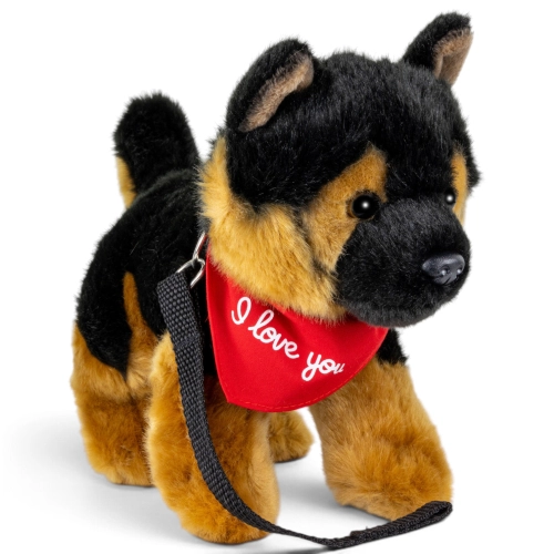 Plush Toy German Shepherd Dog Puppy with lead – red “I Love You” scarf