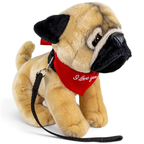 Preview: Plüschtier Mops stehend mit Leine – rotes „I Love You“-Halstuch