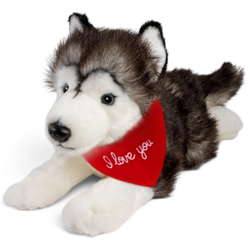 Kuscheltier Husky schwarz-weiß liegend – rotes „I Love You“-Halstuch