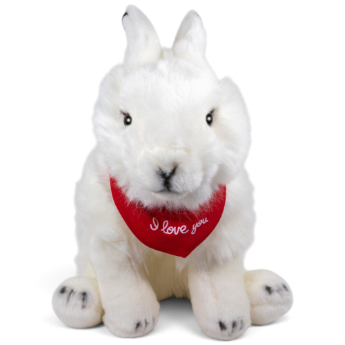 Preview: Rabbit Bunny, Snow-Rabbit sitting white with a red “I Love You” scarf