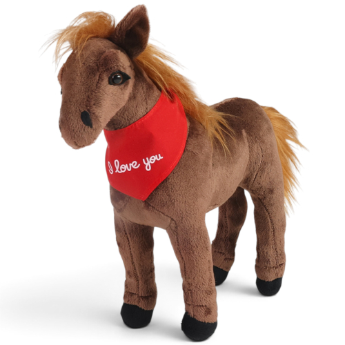 Preview: Horse standing brown with a red “I Love You” scarf