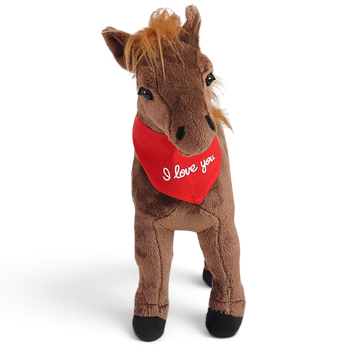 Preview: Plush Toy Horse standing brown – red “I Love You” scarf