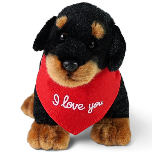 Kuscheltier Rottweiler stehend – rotes „I Love You“-Halstuch