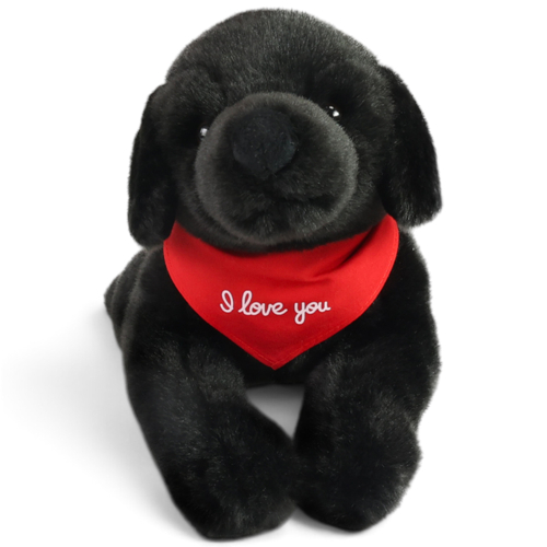 Kuscheltier Labrador liegend schwarz – rotes „I Love You“-Halstuch