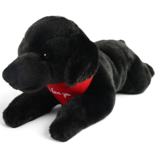 Preview: Plüschtier Labrador liegend schwarz – rotes „I Love You“-Halstuch