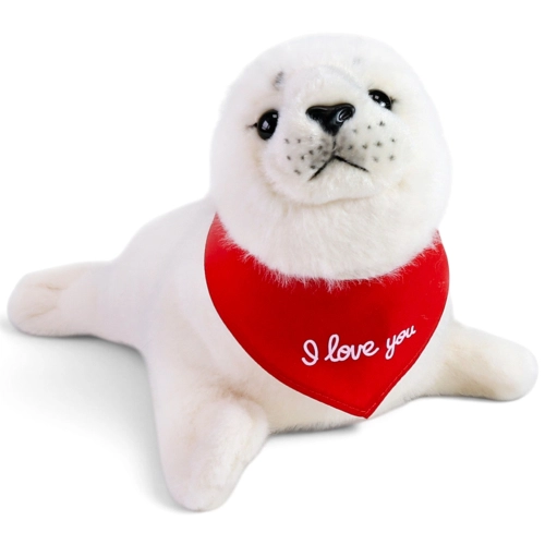 Kuscheltier Seehund weiß – rotes „I Love You“-Halstuch