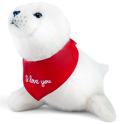 Preview: Plüschtier Seehund weiß – rotes „I Love You“-Halstuch