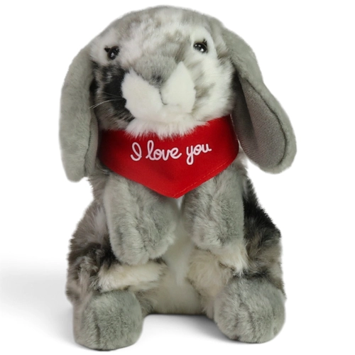 Kuscheltier Hase grau – rotes „I Love You“-Halstuch