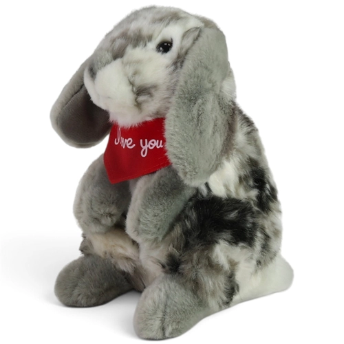 Plüschtier Hase grau – rotes „I Love You“-Halstuch