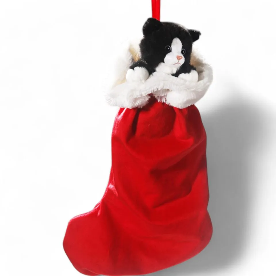 Stuffed Animal Cat black-white in X-Mas Sock