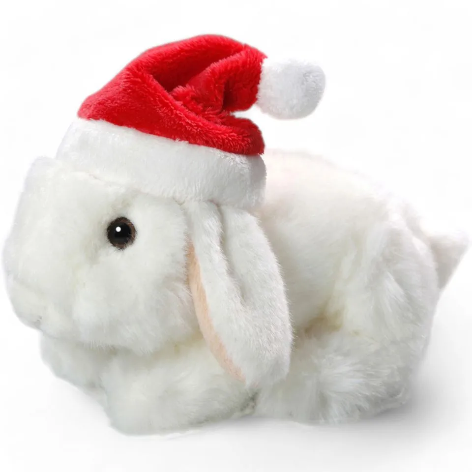 Stuffed Animal Rabbit Bunny with Christmas cap sitting white